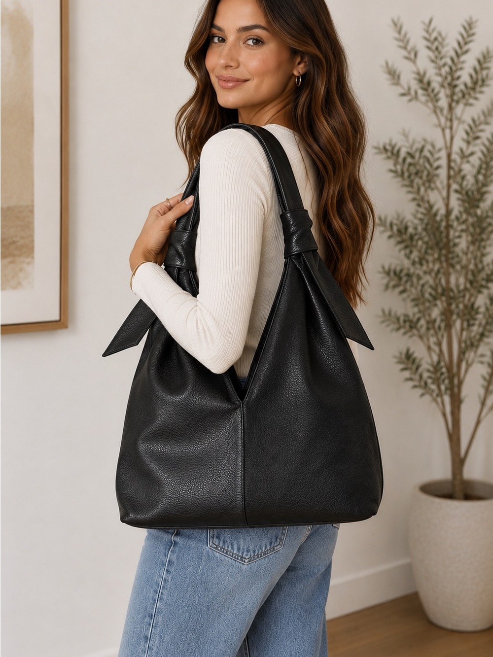 Sondra Roberts Black Pebbled Faux Leather Oversized Hobo Shoulder Bag